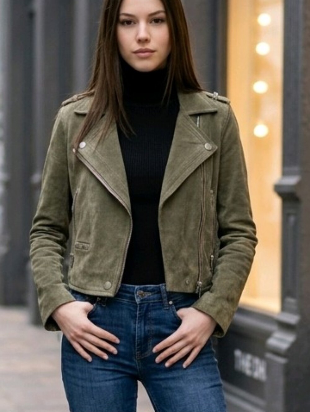 100% Suede Leather Women’s Olive Green Moto Jacket - Tailored Biker Style